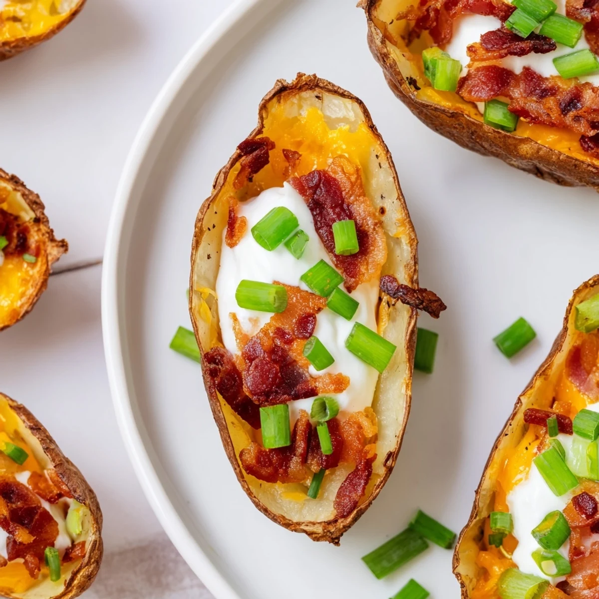 Crispy baked Loaded Potato Skins with Cheddar and Beef Bacon, paired with a chilled lager on a rustic table.  