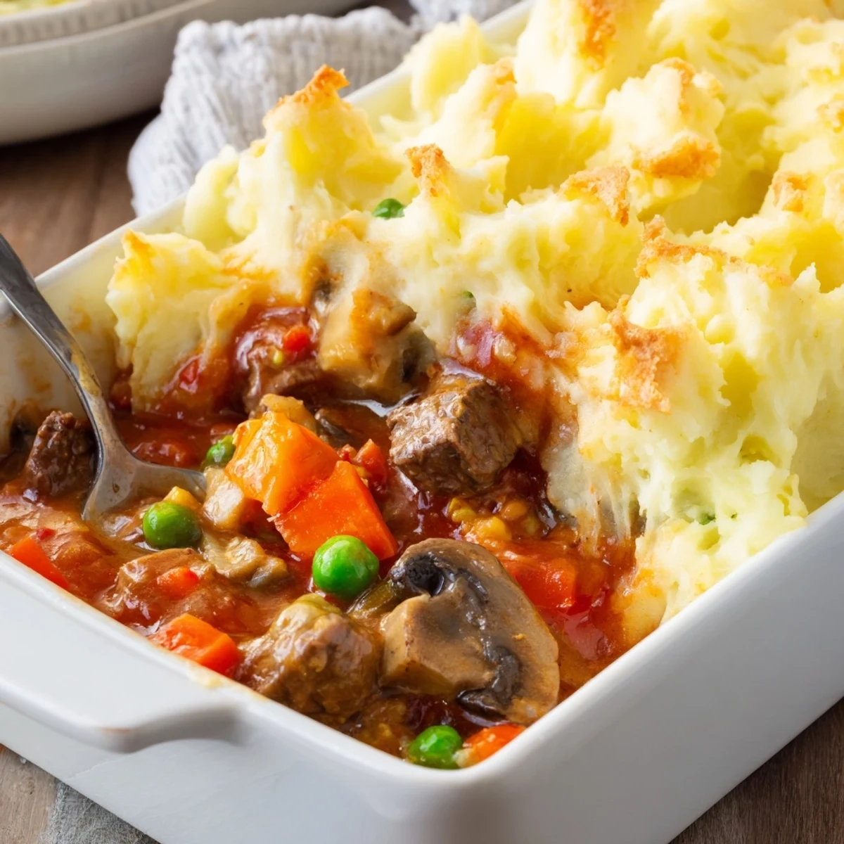 A close-up of Shepherds Pie with Braised Lamb and Vegetables, featuring golden, buttery mashed potatoes with fork marks, bubbling over tender lamb and veggies in a rustic baking dish.