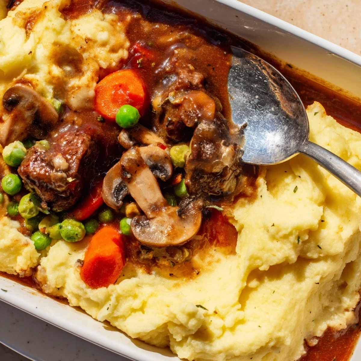 The golden, cheesy topping of Shepherds Pie with Braised Lamb and Vegetables, highlighting savory lamb chunks and colorful vegetables peeking through the fluffy potato crust.