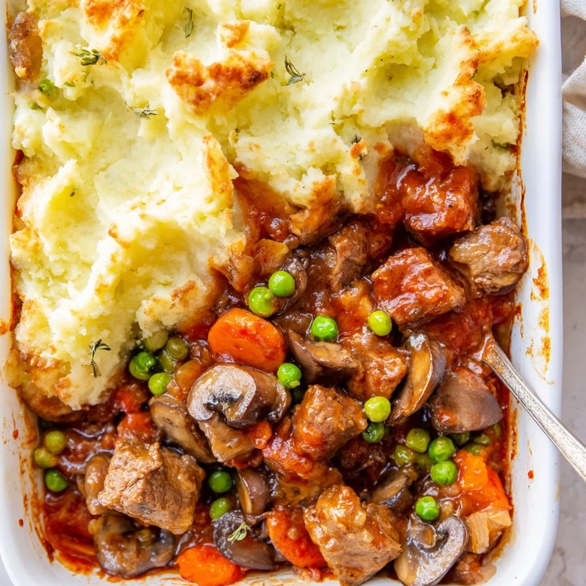 A rustic casserole dish of Shepherds Pie with Braised Lamb and Vegetables, served warm with steam rising and a side of green salad, perfect for a cozy family dinner.