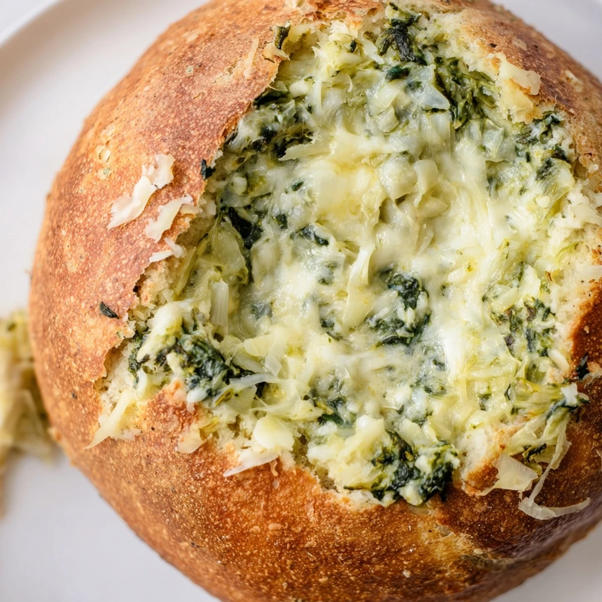 A close-up of bubbly, melted cheese on top of the Creamy Spinach and Artichoke Dip served in a crusty bread bowl.  