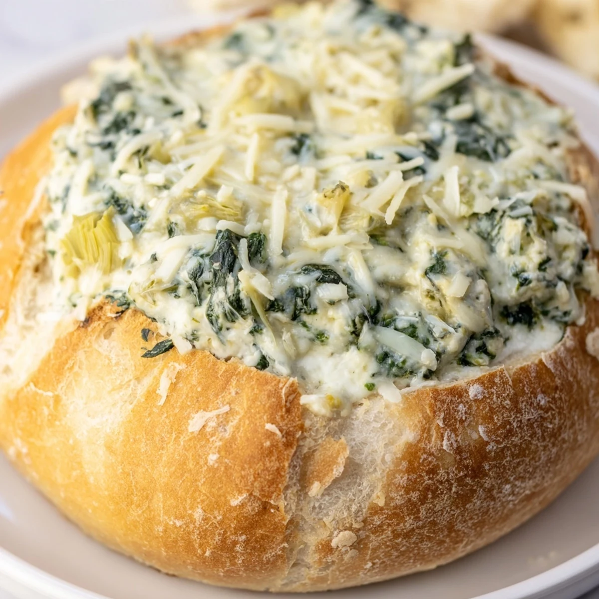 Freshly baked Creamy Spinach and Artichoke Dip steams from a golden sourdough bread bowl, perfect for game day gatherings.  