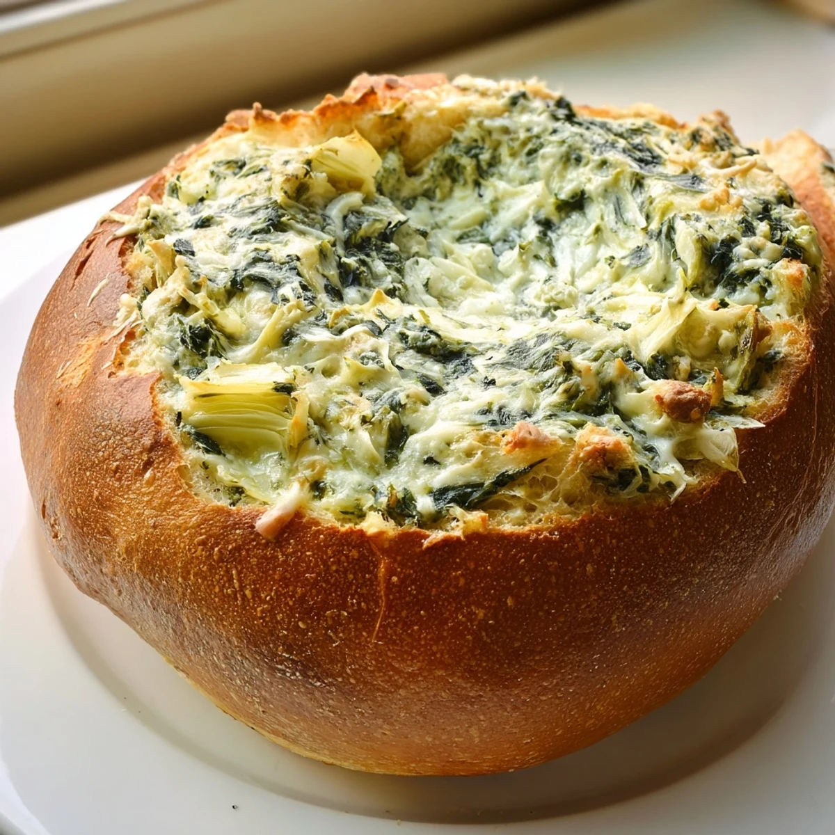 Warm Creamy Spinach and Artichoke Dip is scooped from a hollowed-out loaf, ideal for dipping crusty bread pieces.