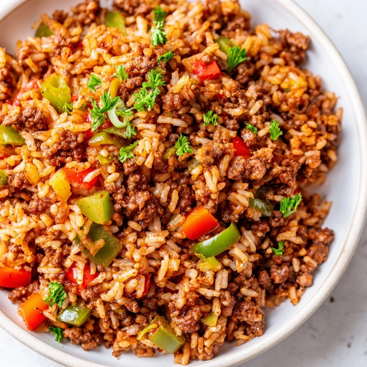 Cajun Dirty Rice with Ground Beef and Peppers steams in a skillet, flecked with fresh parsley and sliced green onions.