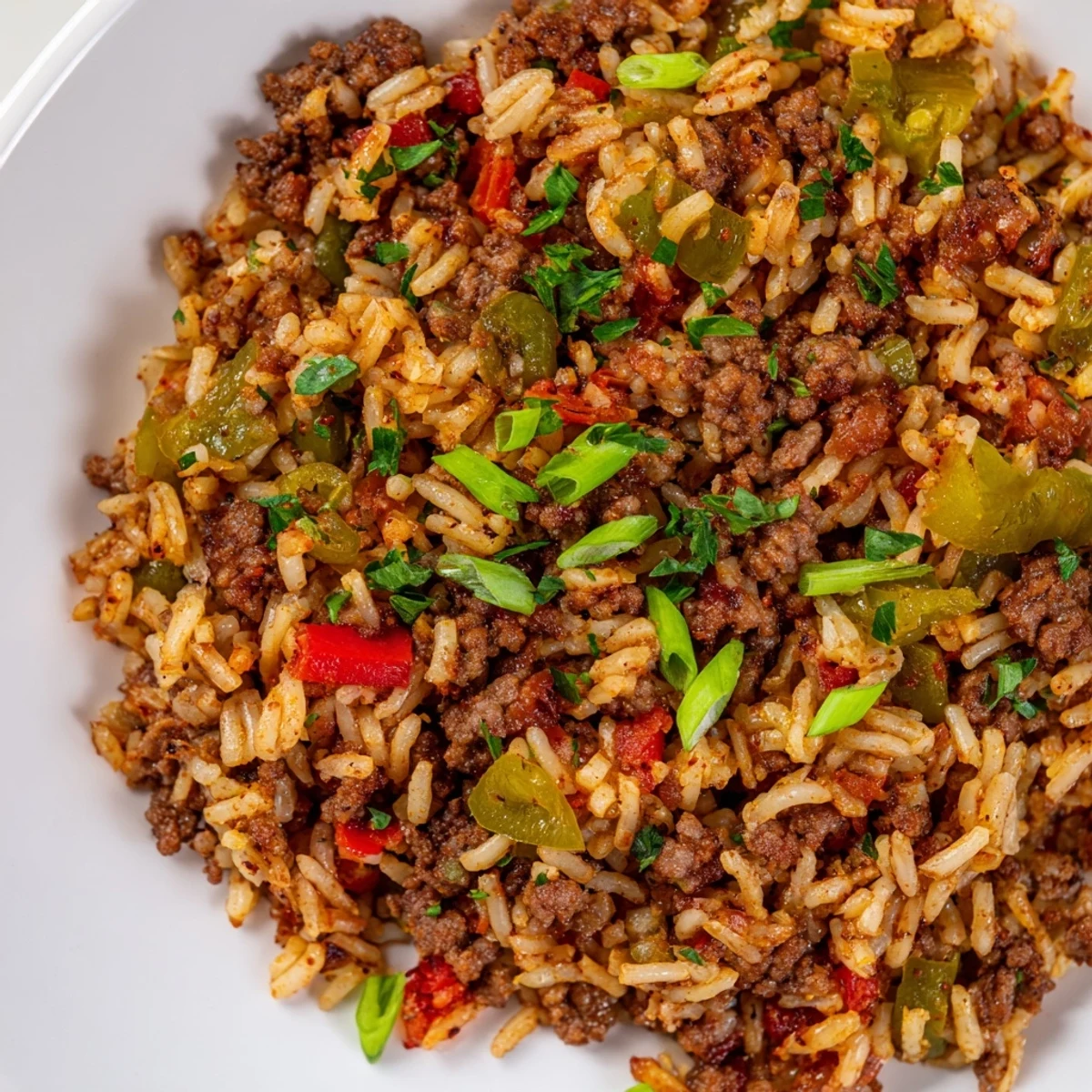 A heaping spoonful of Cajun Dirty Rice with Ground Beef and Peppers, showing tender grains and sautéed vegetables on a wooden table.