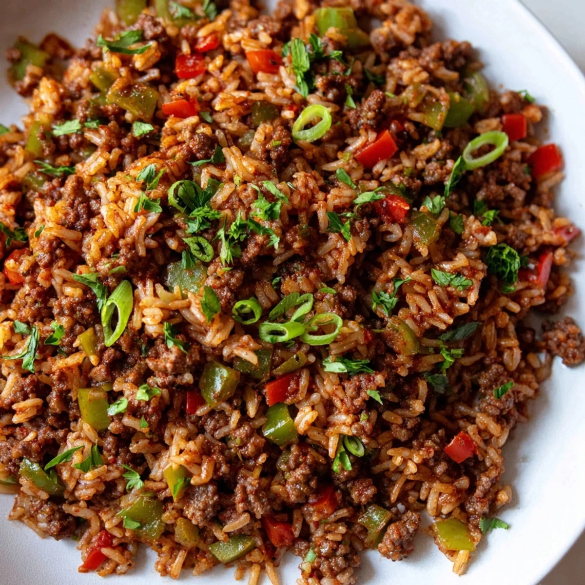 Savory Cajun Dirty Rice with Ground Beef and Peppers served in a rustic bowl, highlighting vibrant red and green bell peppers.