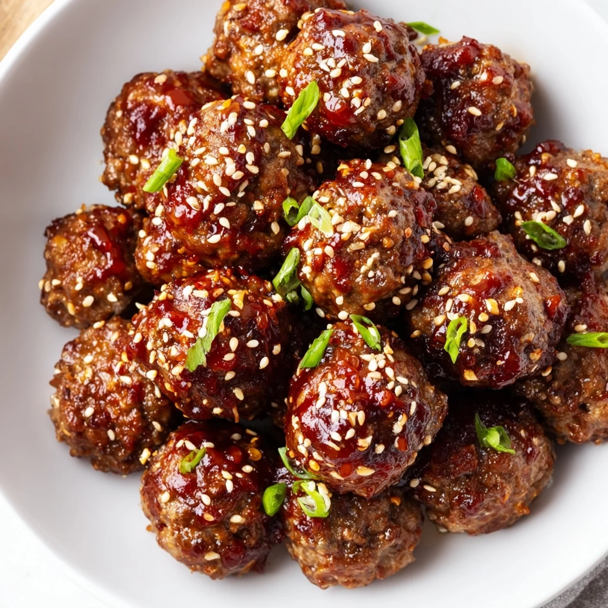Golden-brown Spicy Sriracha Beef Meatballs glistening with a sticky red glaze and sprinkled with toasted sesame seeds on a serving plate.