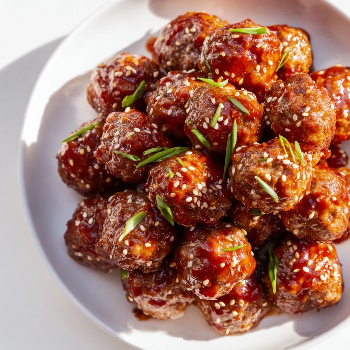 Freshly glazed Spicy Sriracha Beef Meatballs tossed in a sweet and spicy sauce, ready to be served as a party appetizer.