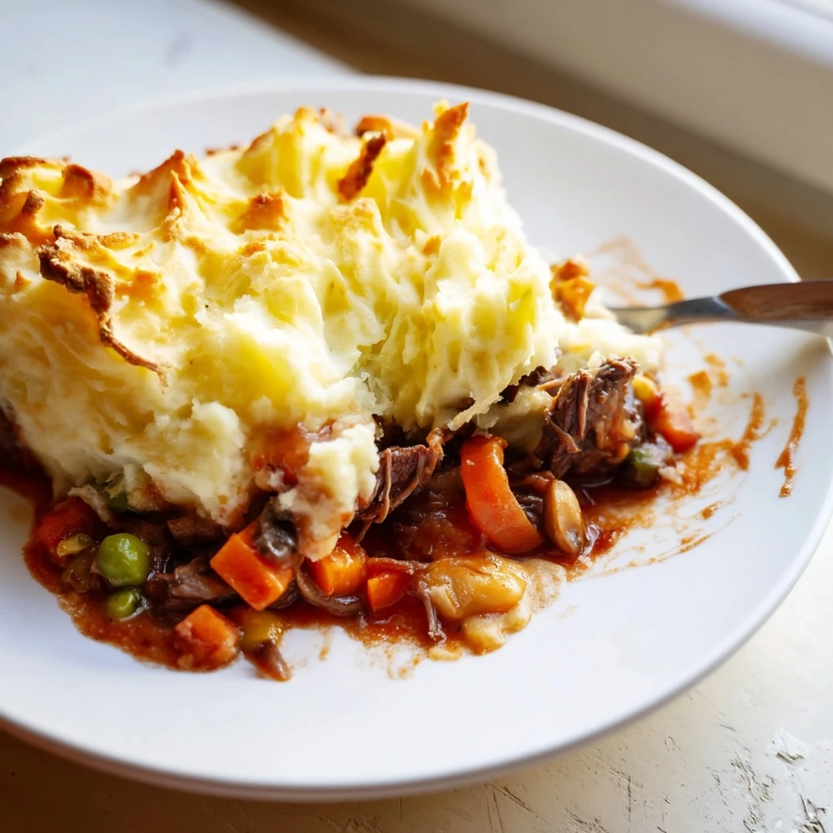 Golden-brown Shepherd's Pie with braised lamb simmering with hearty vegetables beneath fluffy mashed potato peaks.