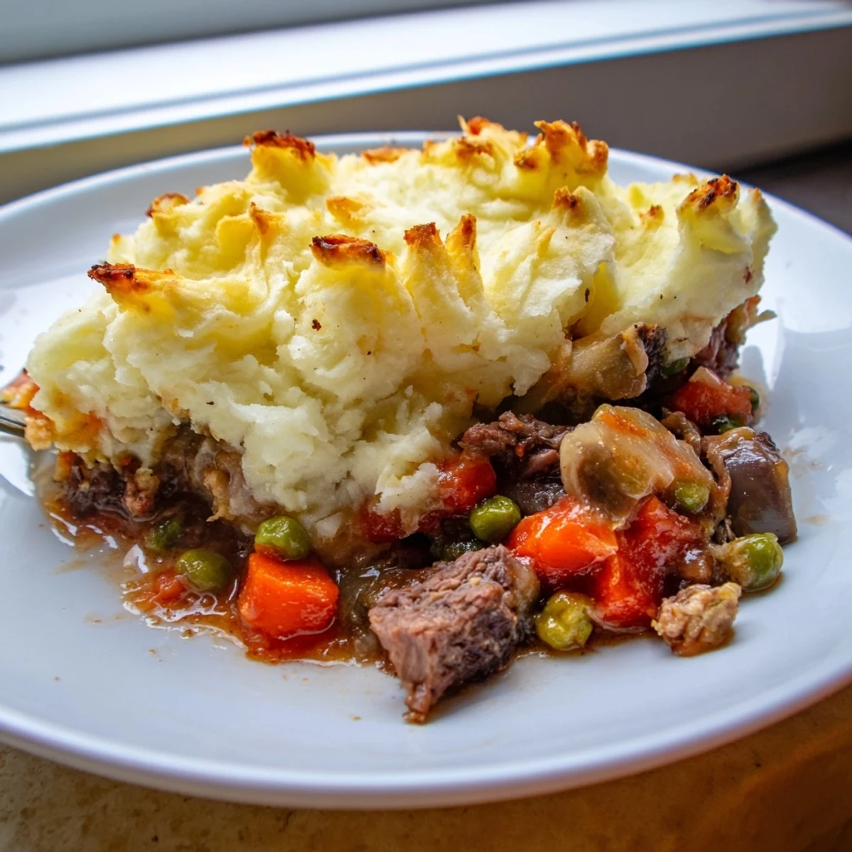 A fork lifts a serving of Shepherd's Pie, revealing tender braised lamb and peas in rich gravy.