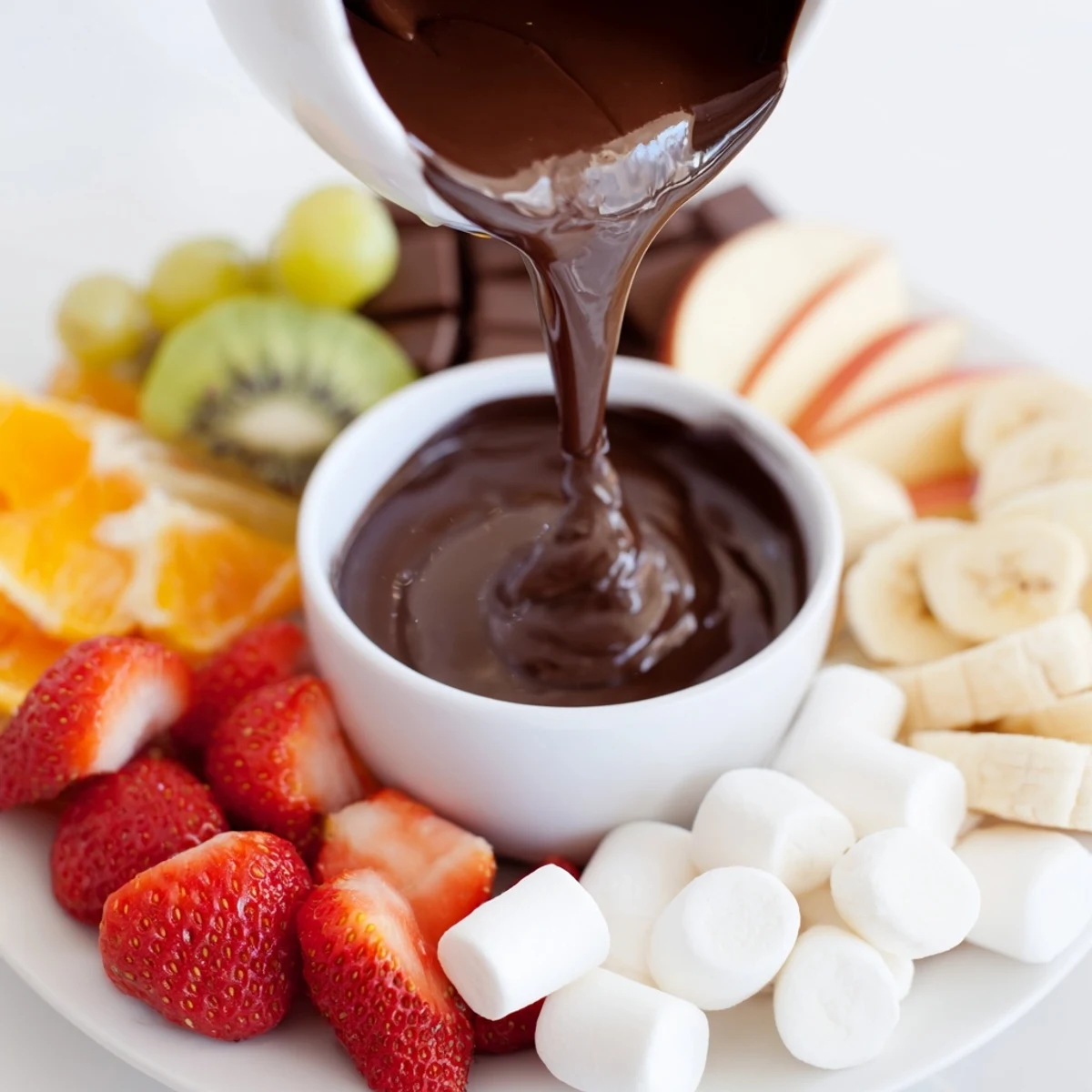 A romantic dessert board featuring Romantic Chocolate Fondue with Marshmallows and Fruit beside kiwi chunks, grapes, and fluffy marshmallows.