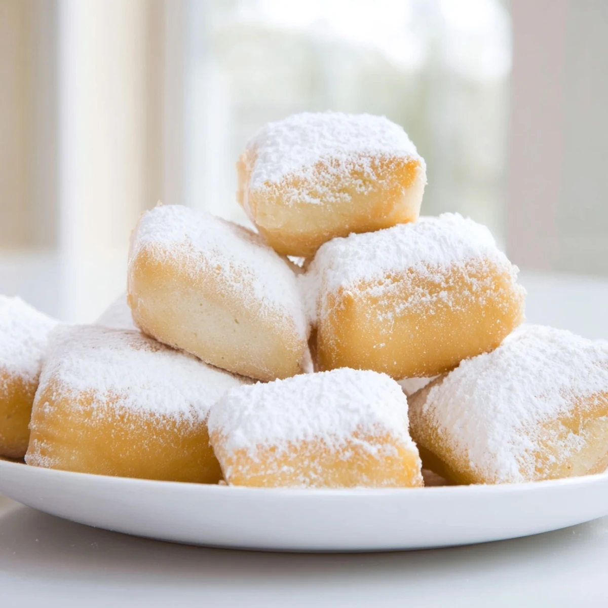 Golden-brown, pillowy New Orleans Style Beignets rest on a plate, generously dusted with snowy powdered sugar and ready to eat.