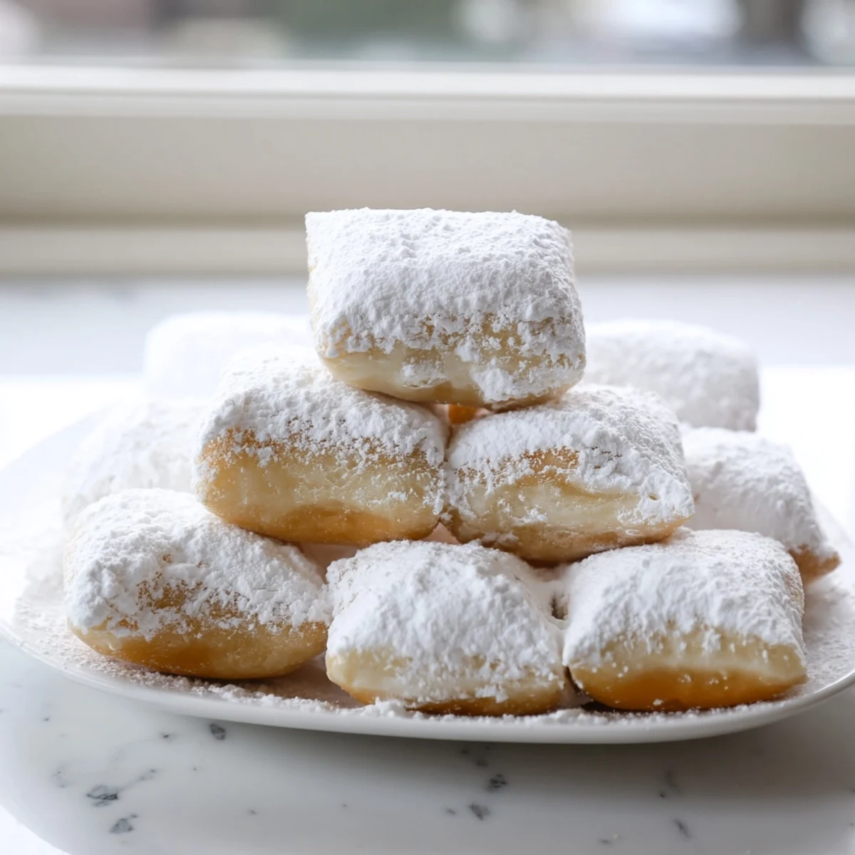 Freshly fried New Orleans Style Beignets spill powdered sugar onto a dark plate, with a steaming café au lait nearby.