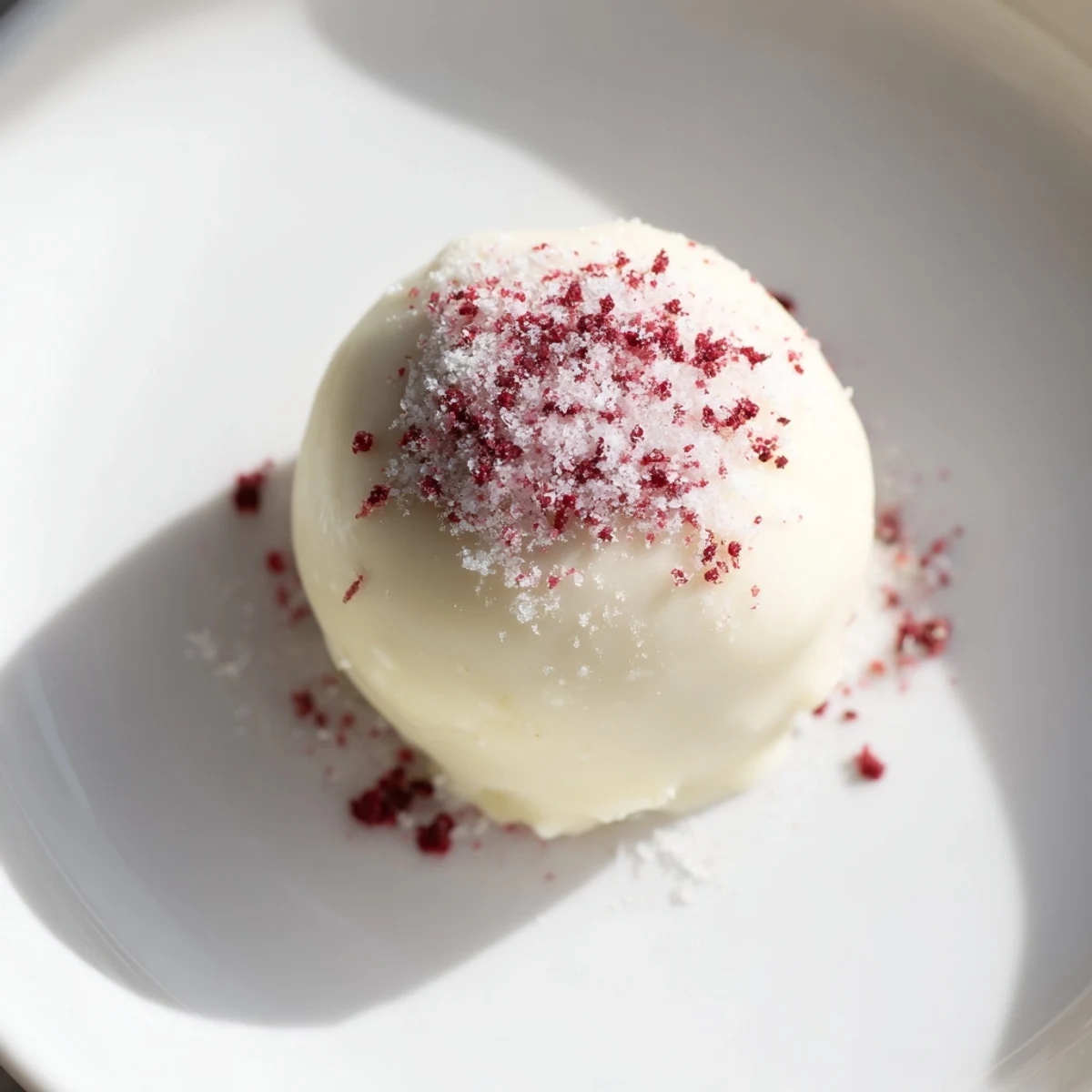 Freshly dipped White Chocolate Raspberry Truffles with a white chocolate shell and powdered sugar topping, arranged on a tray to set.