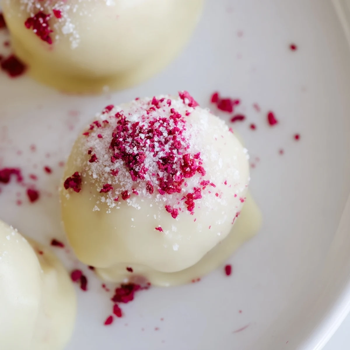 A dozen hand-rolled White Chocolate Raspberry Truffles coated in smooth white chocolate, glistening with a delicate dusting of powdered sugar, perfect for gifting.
