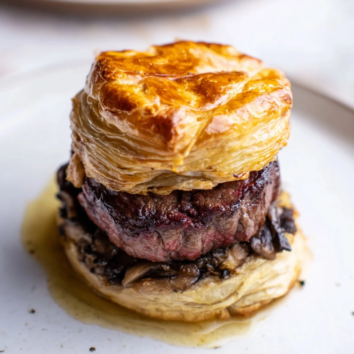Freshly baked Mini Beef Wellingtons with golden puff pastry and a rich mushroom duxelles filling, plated for an elegant appetizer.