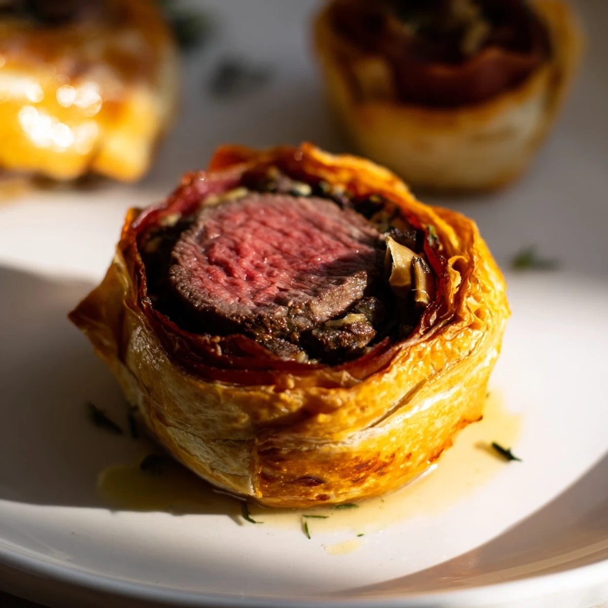 A close-up of Mini Beef Wellingtons featuring tender beef fillet wrapped in prosciutto and flaky, buttery pastry.