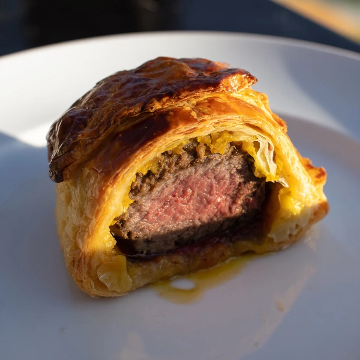 Individually portioned Mini Beef Wellingtons resting on a plate, ready to garnish with fresh thyme for a festive gathering.