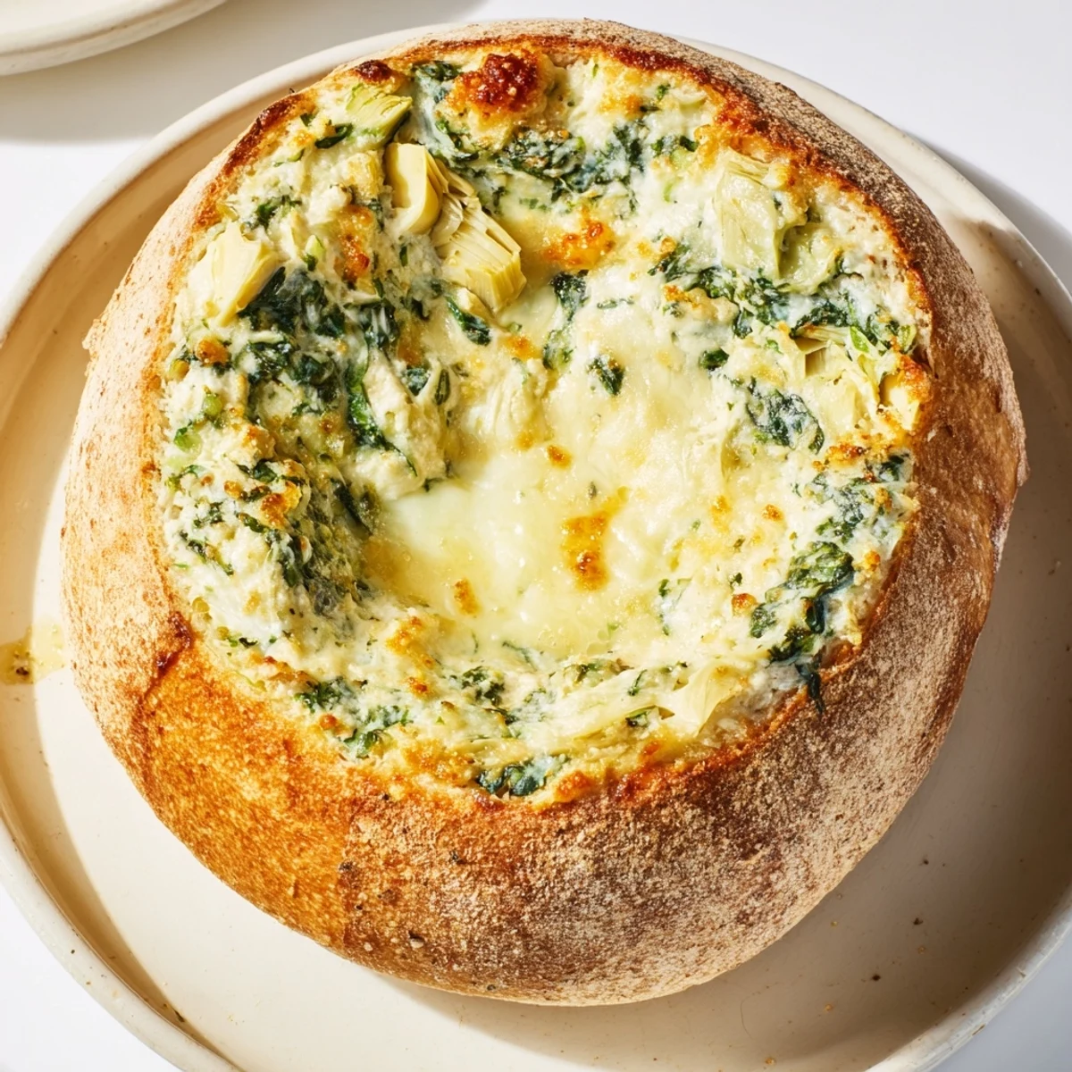 Golden baked creamy spinach and artichoke dip steams in a crusty sourdough bread bowl, ready to scoop with toasted bread chunks. 