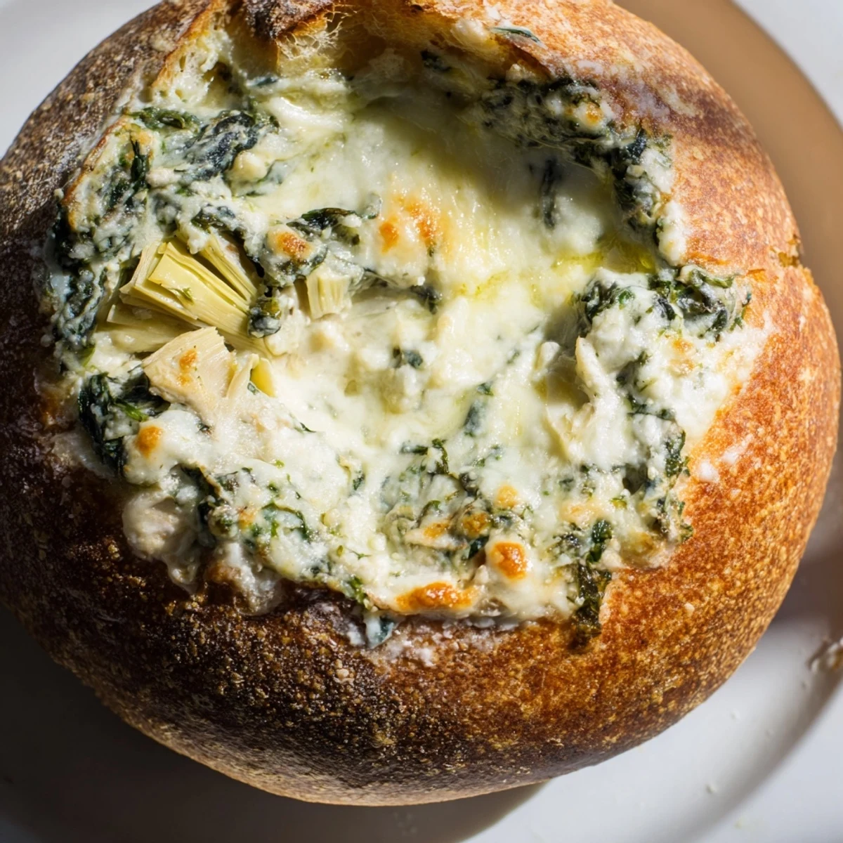 A hollowed sourdough loaf holds bubbling hot creamy spinach and artichoke dip, with melted mozzarella and golden Parmesan topping. 