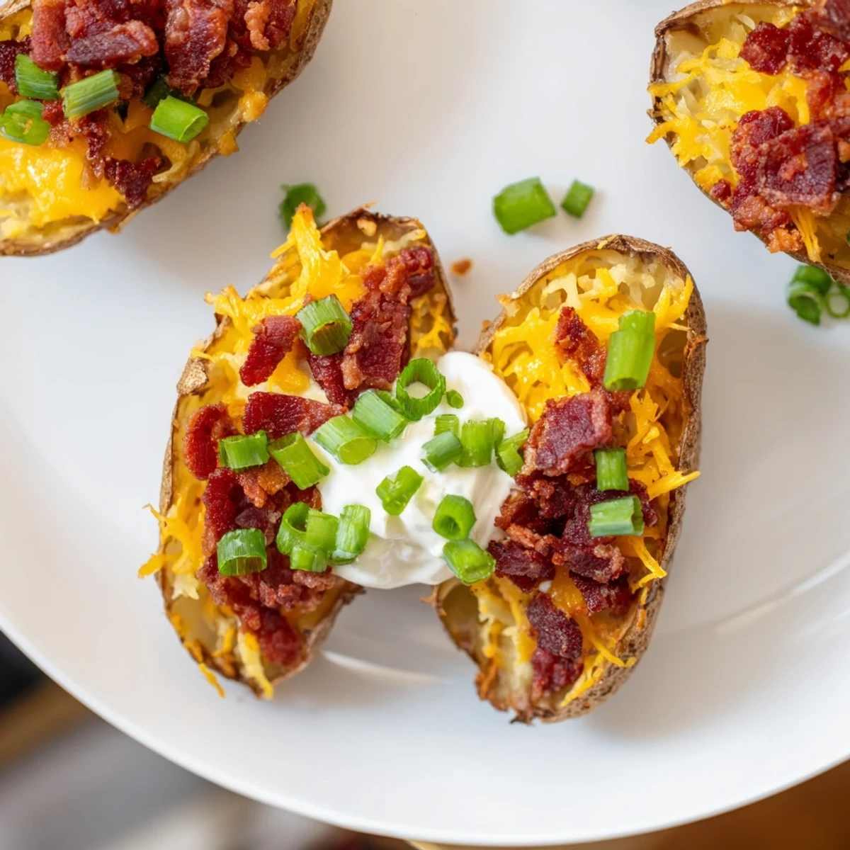 Melted cheddar and crispy beef bacon fill these Loaded Potato Skins, served hot with sliced green onions for a savory game day bite.