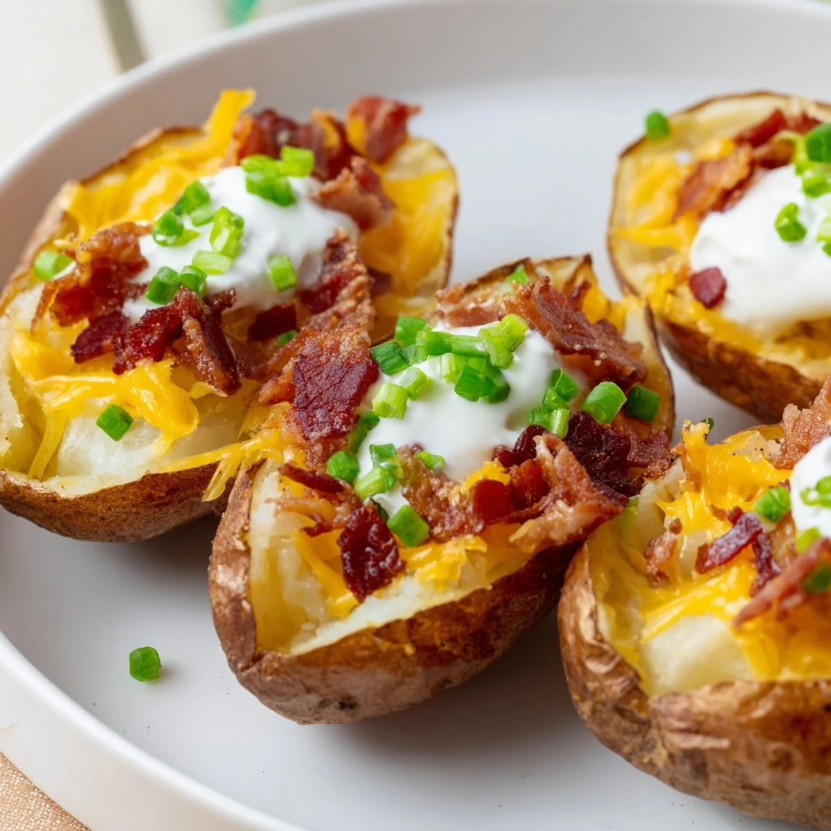 Golden-brown Loaded Potato Skins with Cheddar and Beef Bacon, topped with sour cream and fresh chives on a rustic wooden board.