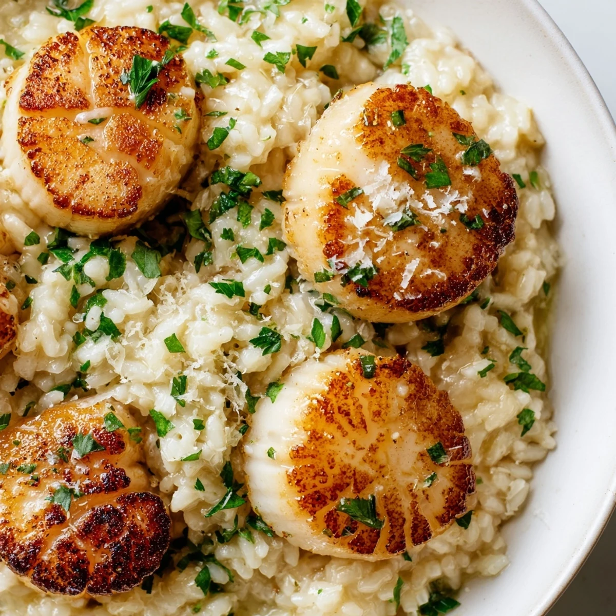Tender golden-brown Pan Seared Scallops rest on creamy lemon butter risotto, garnished with fresh chives and lemon wedges.