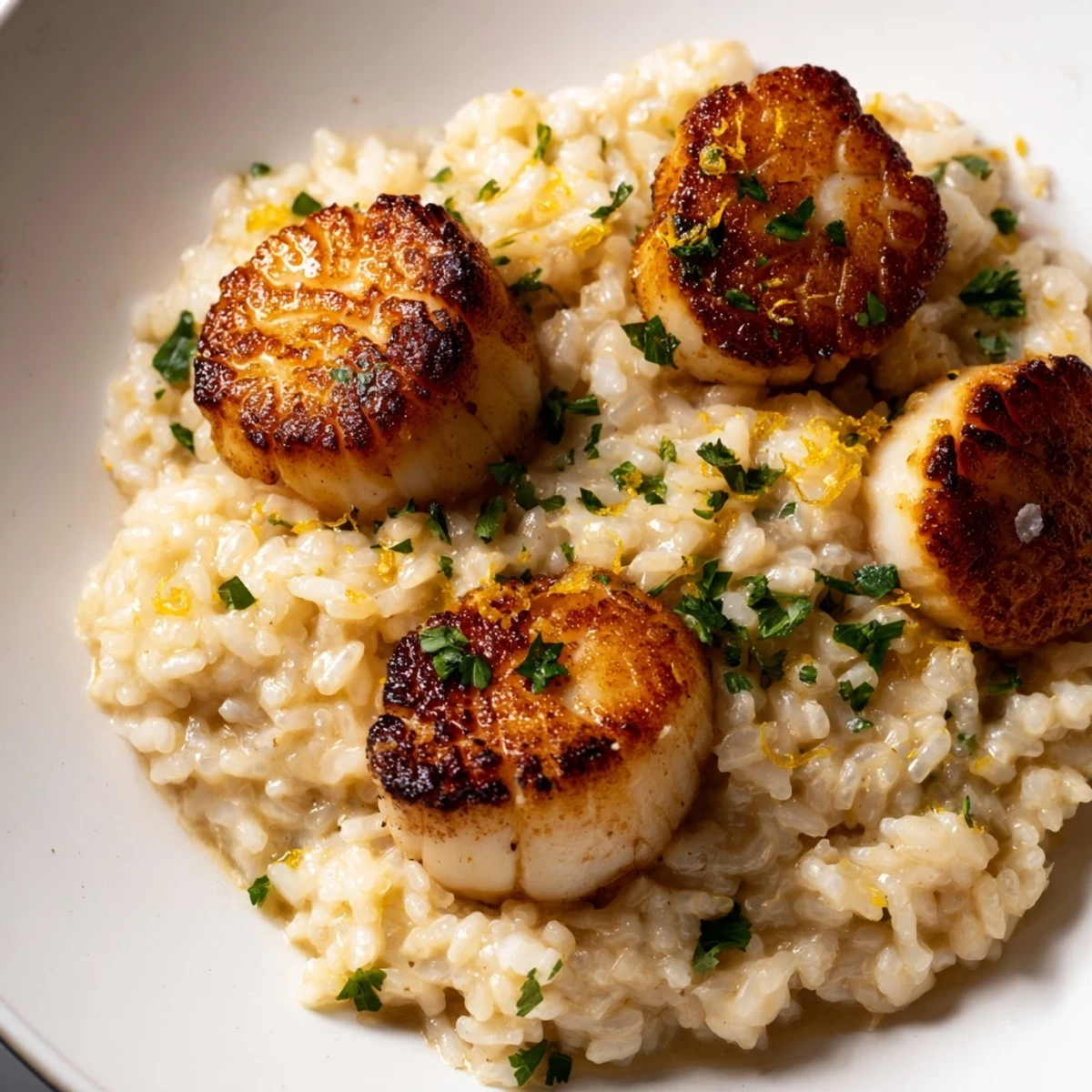Plate of Pan Seared Scallops with Lemon Butter Risotto, featuring a golden sear and a bright citrus wedge garnish.