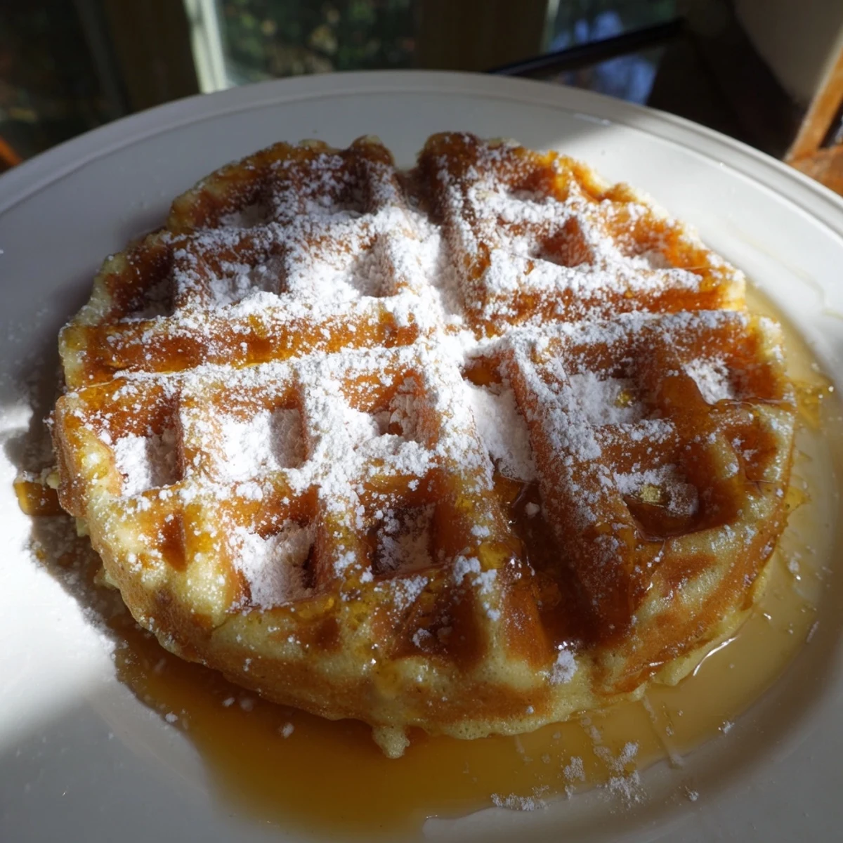 Fluffy golden Lemon Ricotta Waffles topped with fresh berries and a dusting of powdered sugar on a rustic breakfast table.