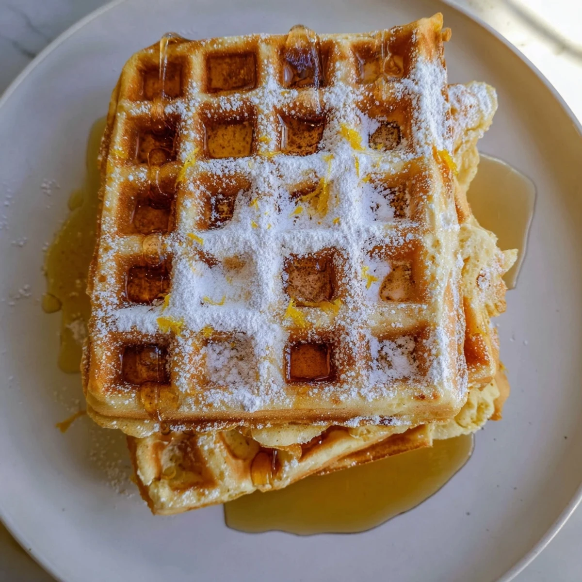 A close-up of crispy Lemon Ricotta Waffles drizzled with maple syrup, showcasing the airy ricotta texture and bright lemon zest.