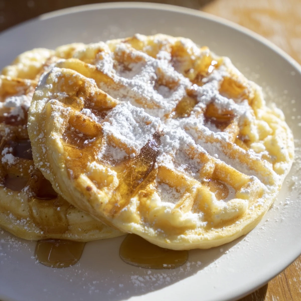 Stack of warm Lemon Ricotta Waffles with a pat of butter melting on top, served beside a glass of orange juice.
