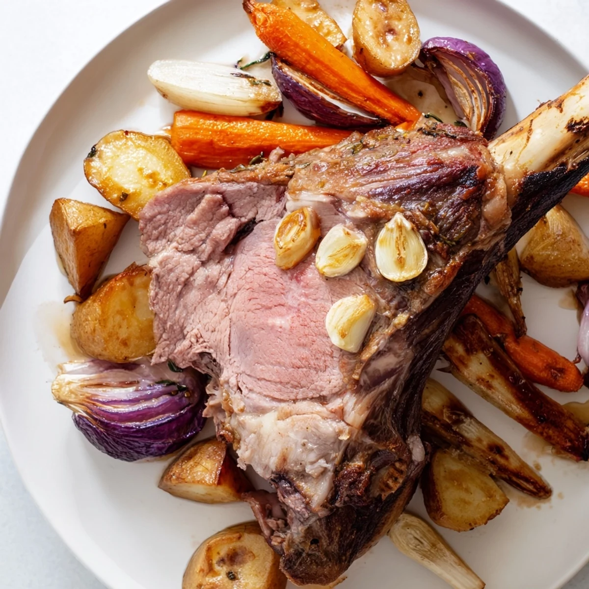 Golden-brown Roasted Lamb with Root Vegetables featuring tender, herb-crusted lamb surrounded by caramelized carrots, parsnips, and potatoes.