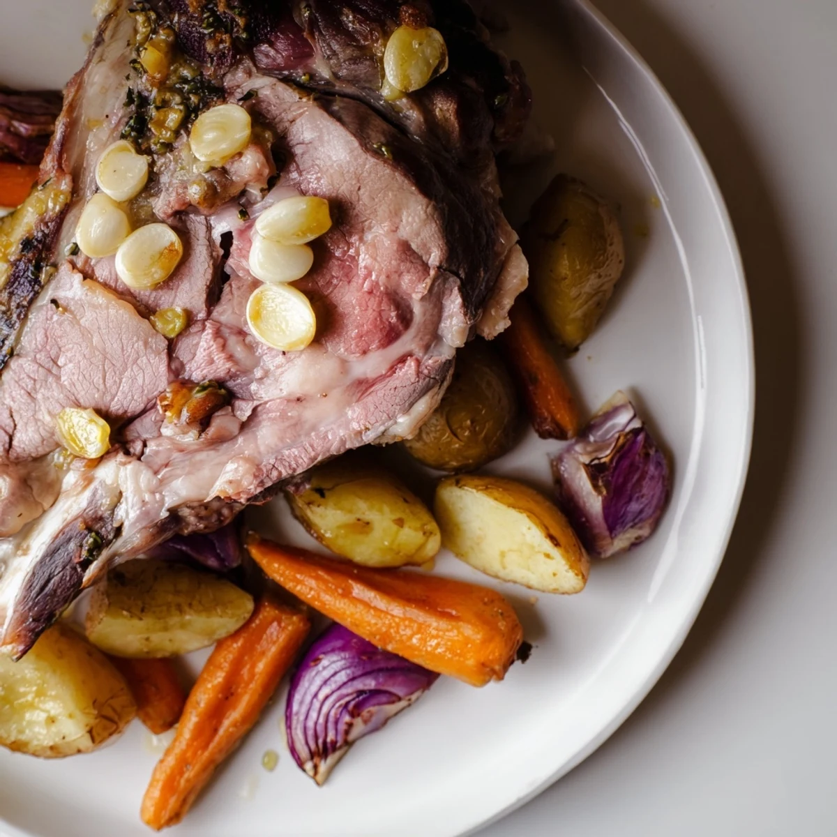 Juicy Roasted Lamb with Root Vegetables carved and served with pan juices, roasted onions, and thyme, perfect for a family dinner.