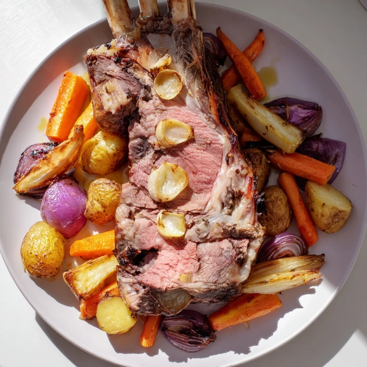 A hearty Roasted Lamb with Root Vegetables on a rustic platter, with glazed turnips and rosemary, ideal for a festive holiday meal.
