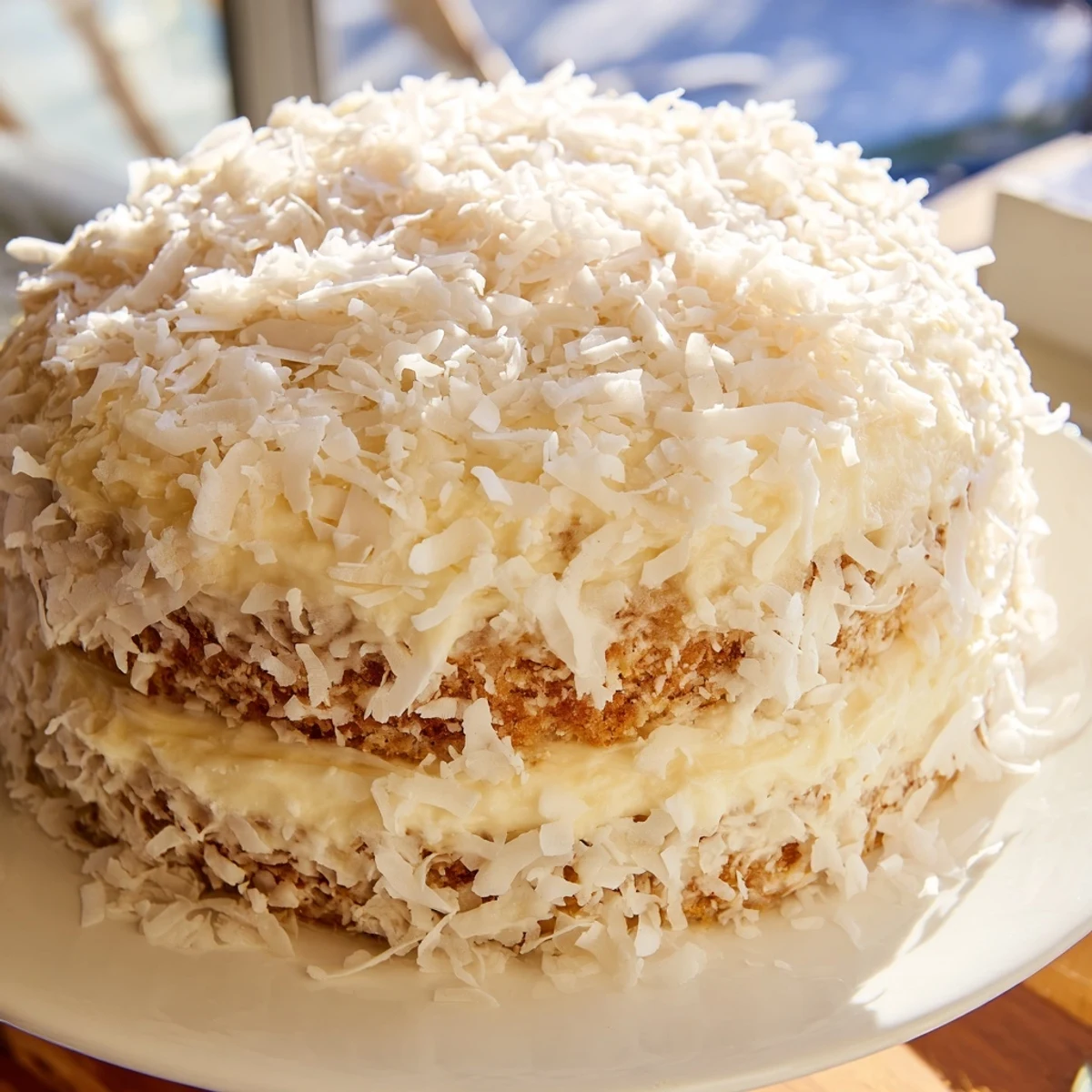 Showcasing a whole Easter Coconut Cake decorated with pastel candy eggs, ready for a spring celebration table.