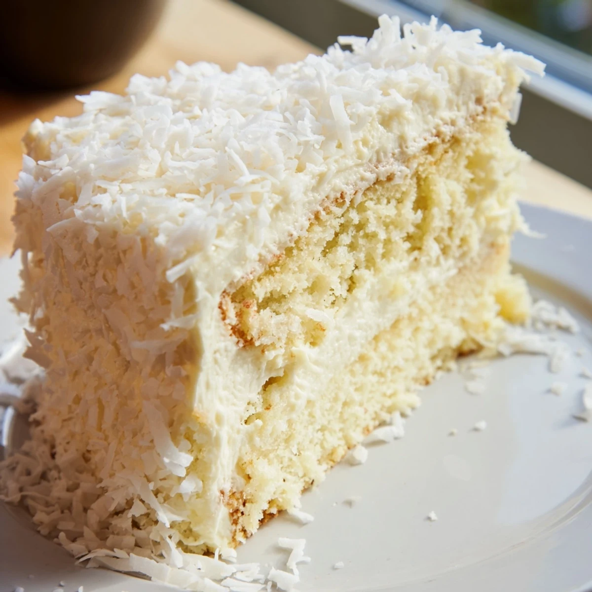 A slice of Easter Coconut Cake reveals moist crumb, rich coconut frosting, and coconut shreds on a white dessert plate.