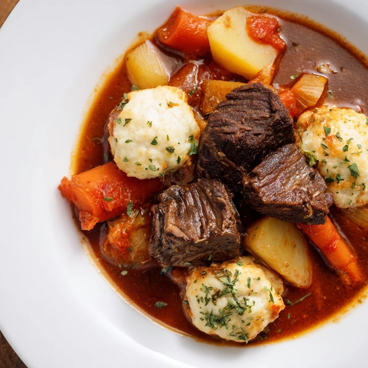 Steaming bowl of Irish Beef Stew with Dumplings, featuring tender beef and root vegetables in rich broth.