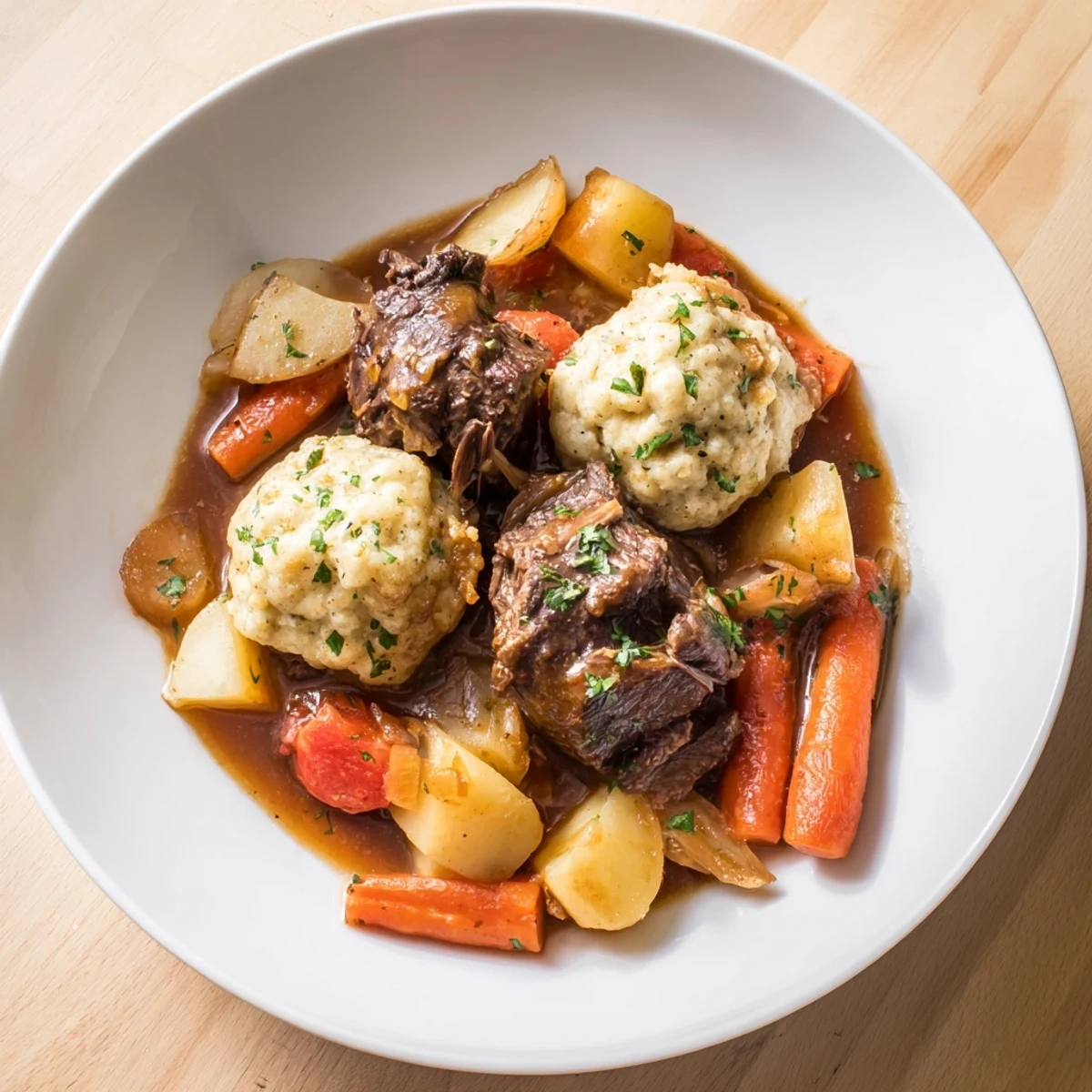 Irish Beef Stew with Dumplings served in a rustic pot, fluffy dumplings peeking out from savory gravy.