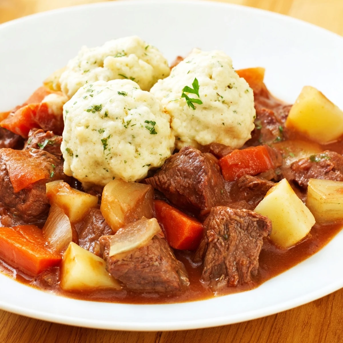Hearty Irish Beef Stew with Dumplings, carrots and parsnips visible in a cozy, rustic serving bowl.