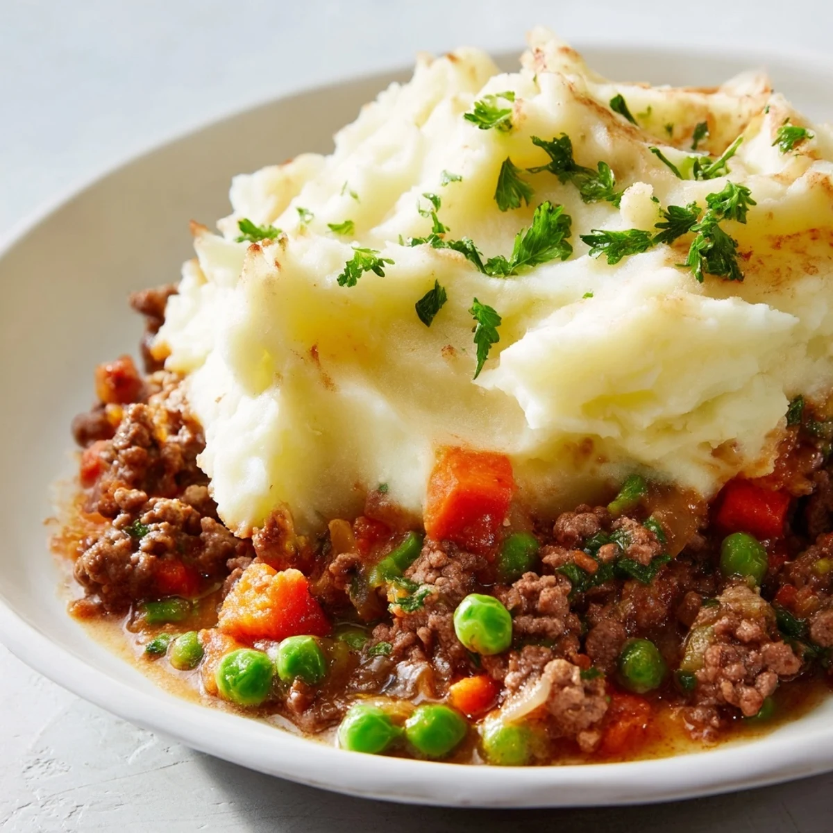 A steaming Beef Shepherds Pie with Peas reveals golden, fork-marked mashed potatoes atop savory beef and vegetable filling.