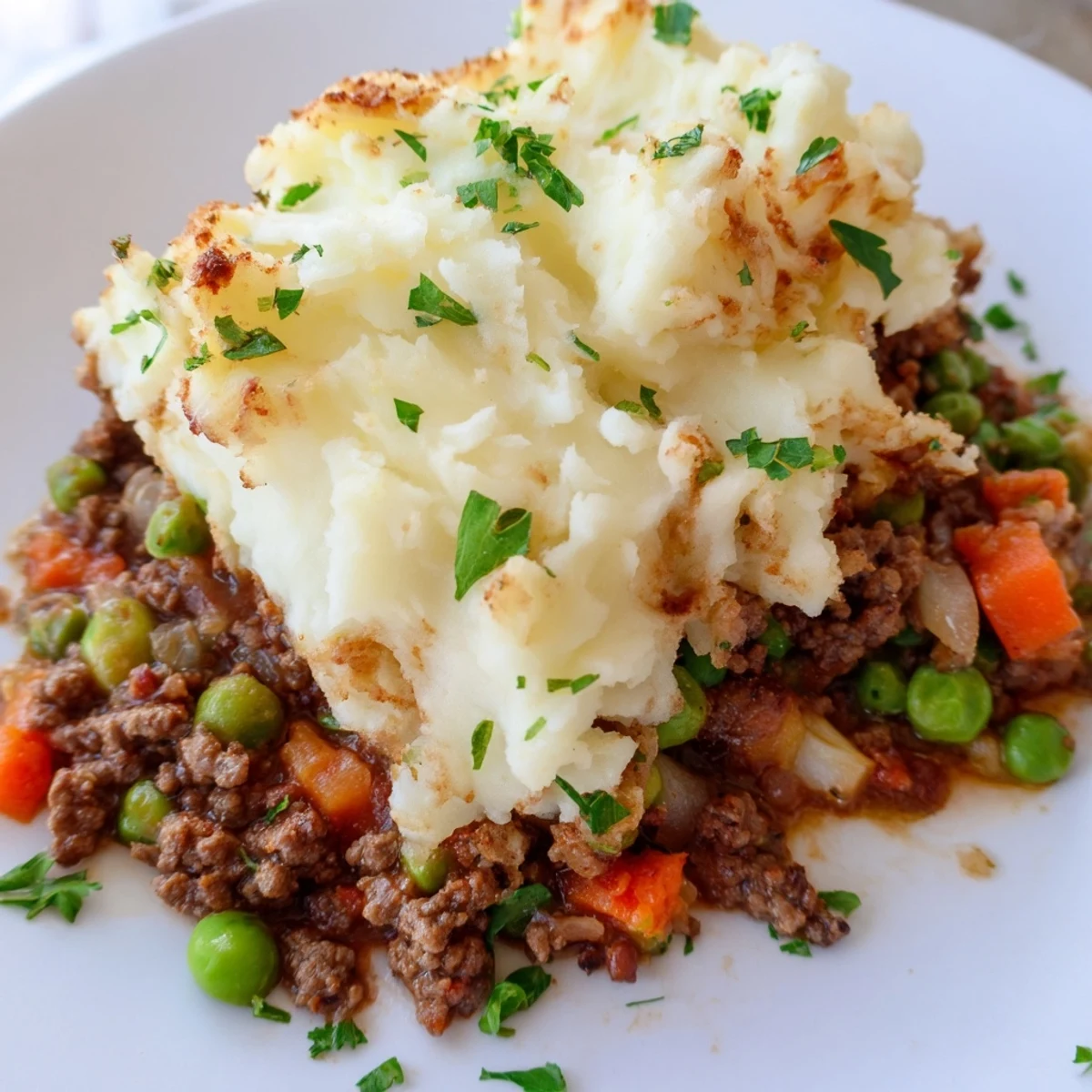In this Beef Shepherds Pie with Peas, creamy mashed potatoes top seasoned beef, peas, and carrots in a ceramic dish.