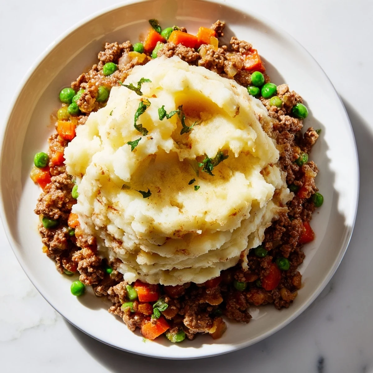 A close view of Beef Shepherds Pie with Peas shows bubbling edges and a golden potato crust ready for serving.