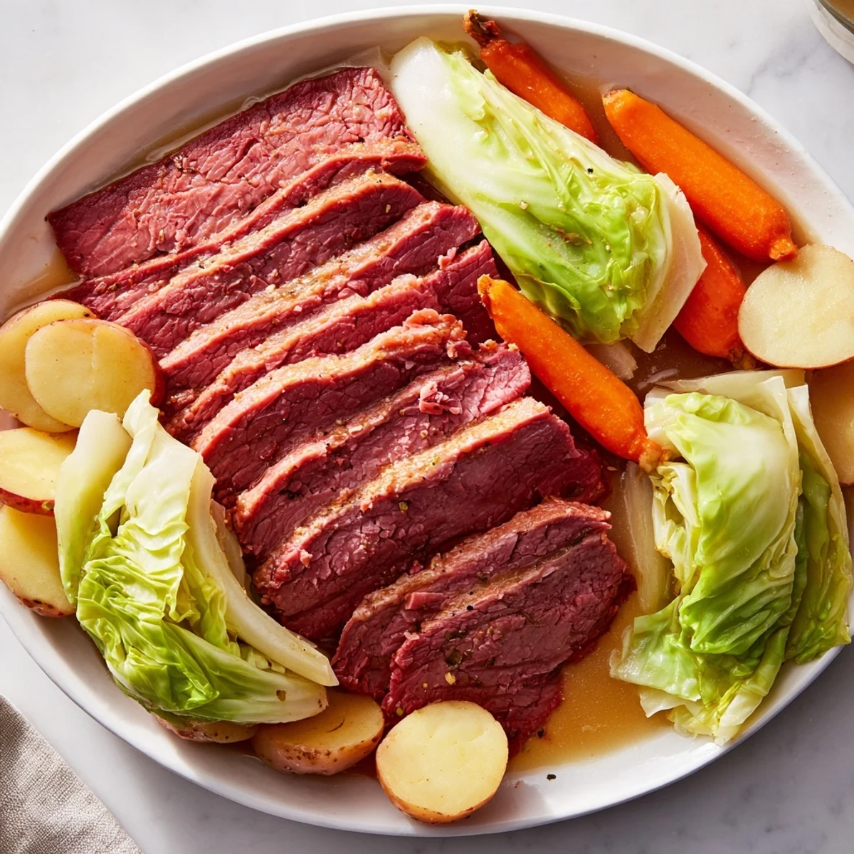A close-up of a plated Corned Beef and Cabbage Dinner with sliced tender brisket, steamed cabbage wedges, carrots, and potatoes garnished with fresh parsley.