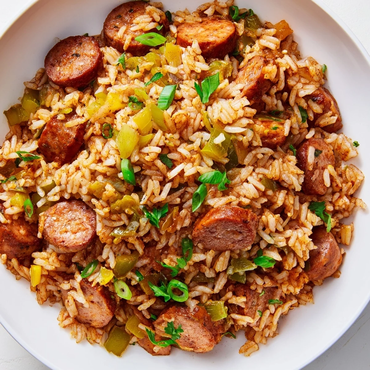 Steaming bowl of Mardi Gras Dirty Rice with Sausage garnished with fresh green onions and parsley.