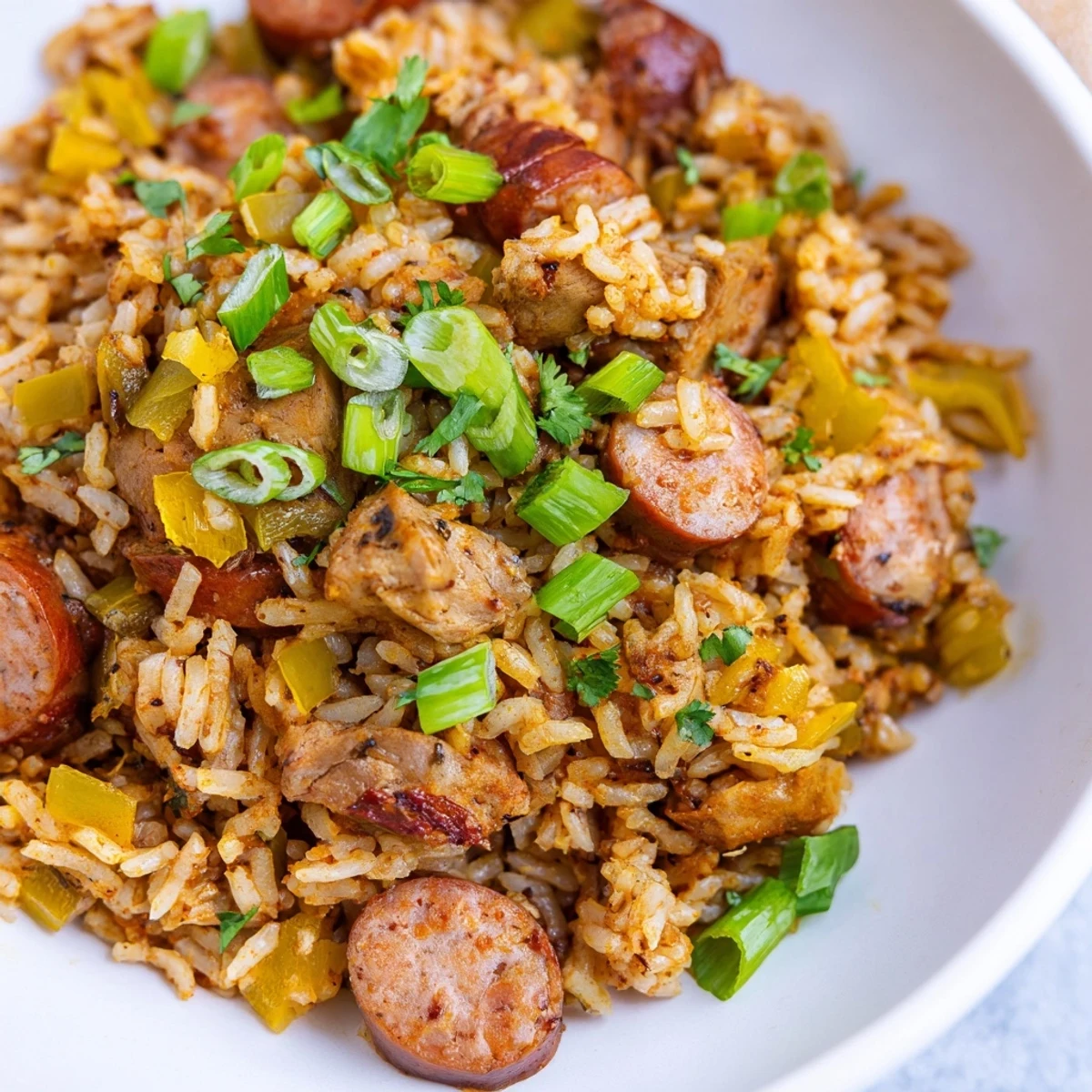 A skillet of Mardi Gras Dirty Rice with Sausage topped with vibrant diced bell peppers and herbs.