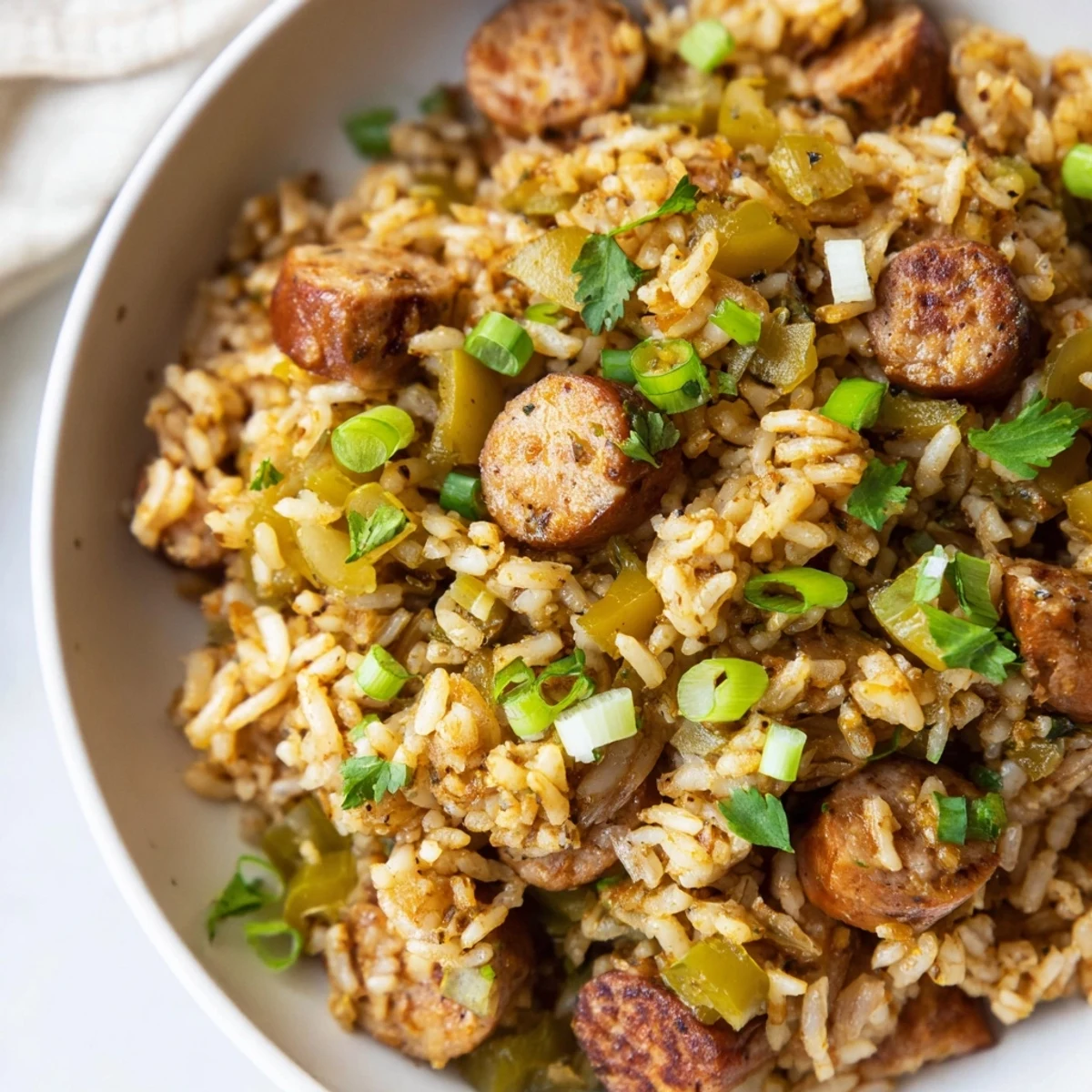 Savory Mardi Gras Dirty Rice with Sausage served alongside a cold lager on a festive table.