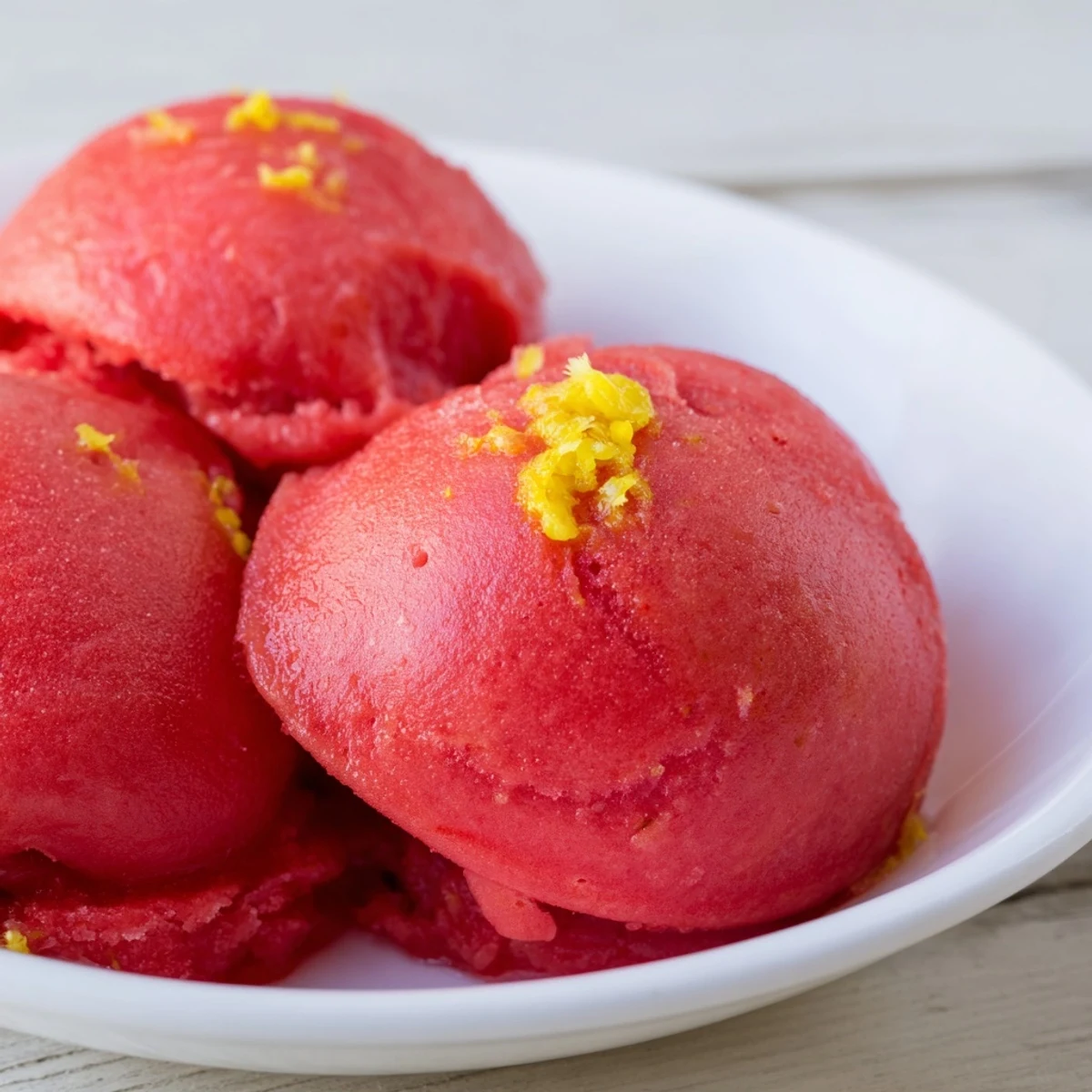 A scoop of vibrant Strawberry Lemonade Sorbet in a chilled glass, garnished with fresh mint leaves and a lemon slice for a refreshing summer dessert.