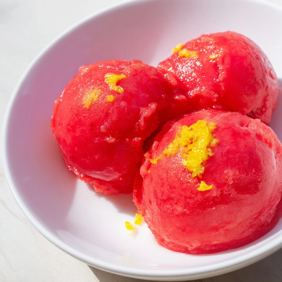 Close-up of creamy Strawberry Lemonade Sorbet being scooped from a container, highlighting its smooth texture and fruity aroma in a sunny kitchen.