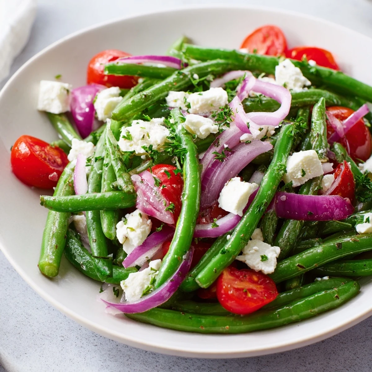 Green Bean Salad with Feta served chilled in a white bowl, garnished with fresh parsley and crumbled feta for a refreshing summer side dish.