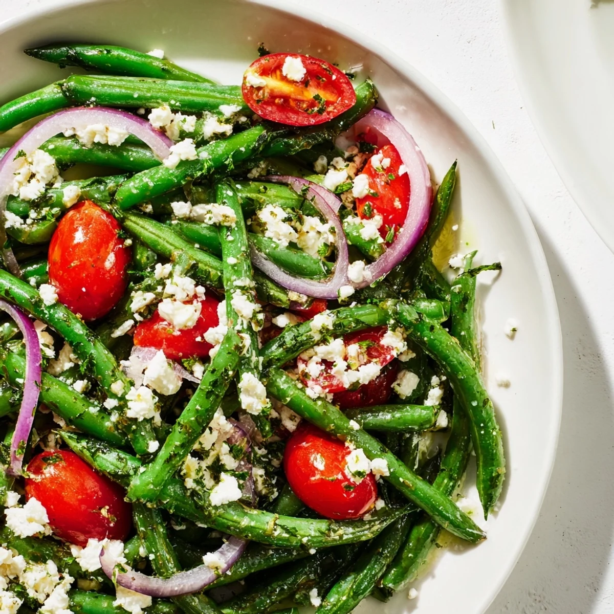 Bright green beans, cherry tomatoes, red onion, and creamy feta cheese tossed in a zesty lemon vinaigrette in this Green Bean Salad with Feta.